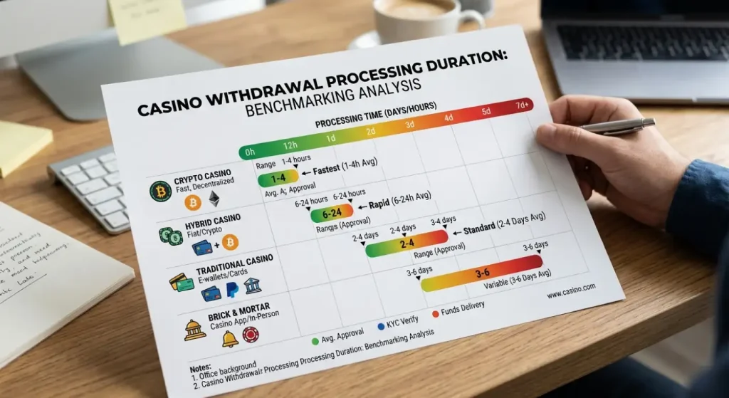 Timeline chart comparing withdrawal processing durations across four casino types