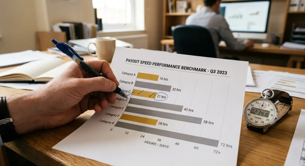 Printed bar chart benchmarking payout speeds beside a stopwatch as a hand marks a bar