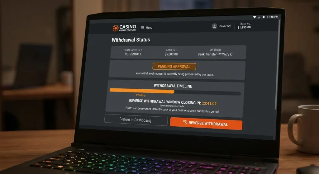 Casino withdrawal pending status with reverse withdrawal option highlighted