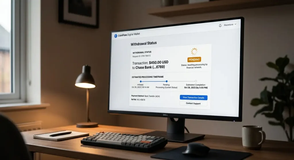 Withdrawal status page showing pending indicator and estimated processing timeframe