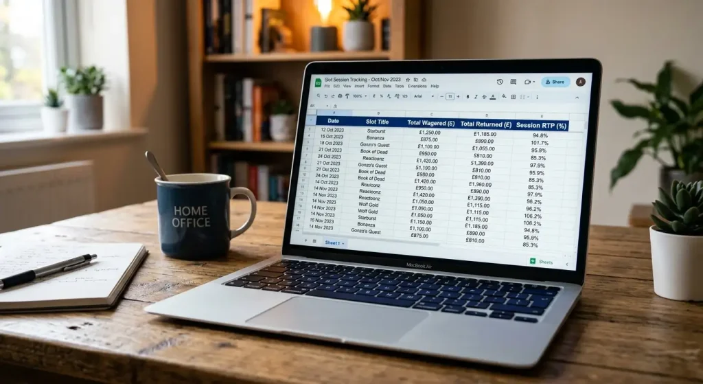 Spreadsheet tracking personal slot session results with stake and return columns