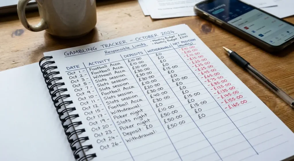 Personal gambling spending tracker notebook with monthly deposit and loss columns