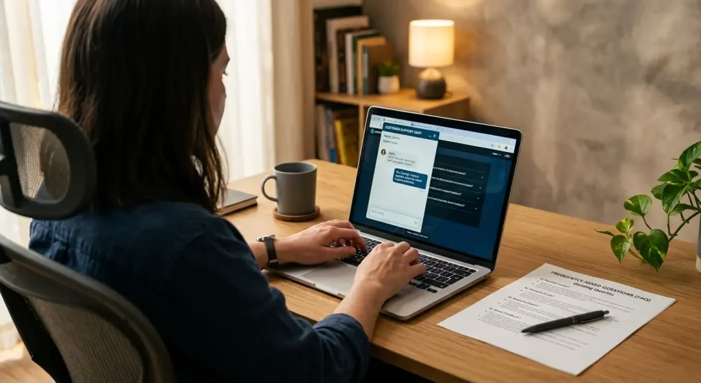 Player at a laptop navigating a customer support chat beside a printed enquiry page