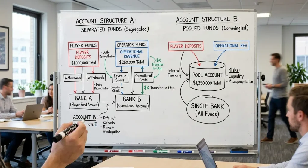 Whiteboard diagram contrasting segregated player funds with pooled operator accounts