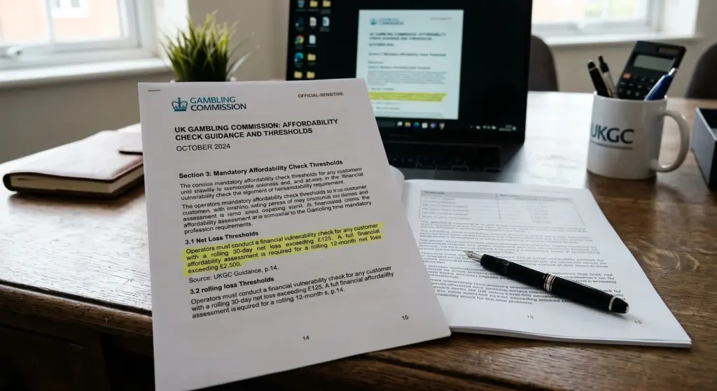UK gambling regulation document showing affordability check threshold requirements