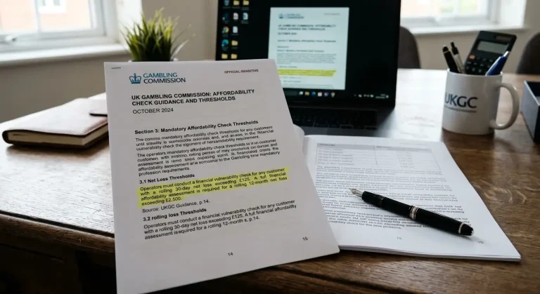 UK gambling regulation document showing affordability check threshold requirements