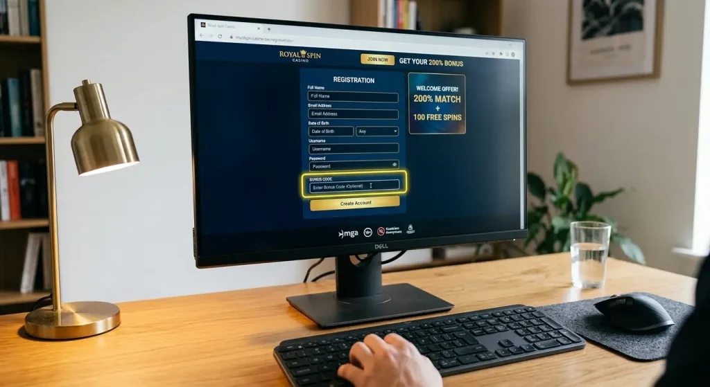 Casino bonus code entry field during registration with promotional offer display
