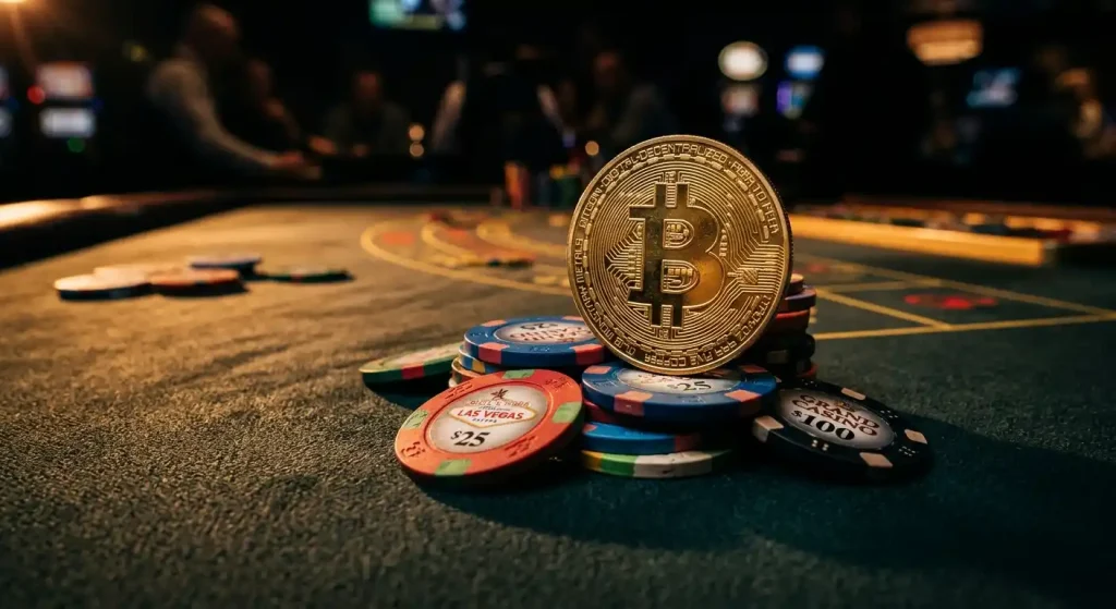 Bitcoin symbol alongside casino chip stack representing cryptocurrency gambling