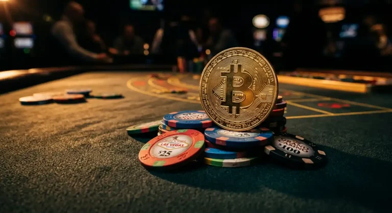 Bitcoin symbol alongside casino chip stack representing cryptocurrency gambling