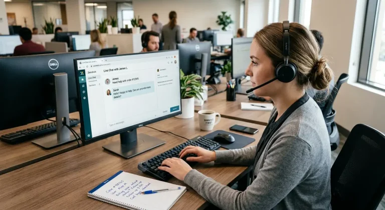 Customer support headset and computer screen showing live chat conversation