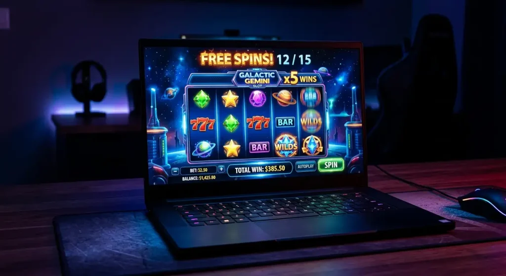 Colourful slot machine reels spinning during free spins bonus round