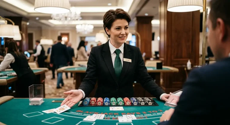 Professional live dealer at blackjack table with cards and casino chips