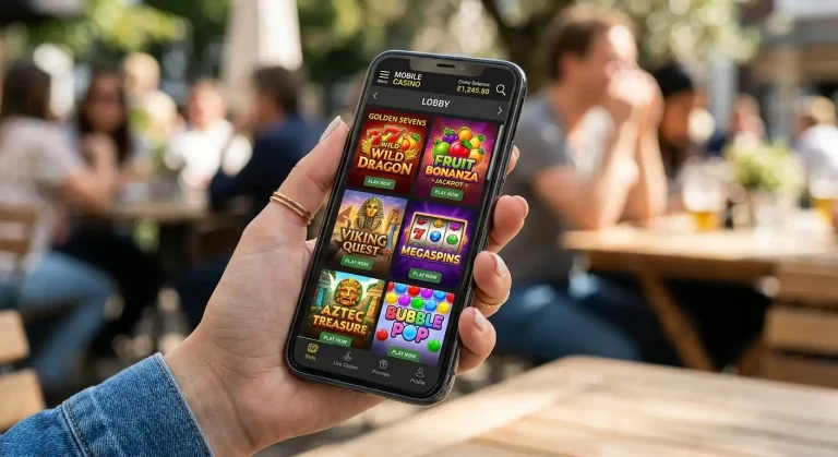 Smartphone displaying casino game lobby with responsive mobile interface design