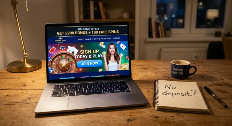 Casino welcome screen highlighting bonus offers without deposit requirement