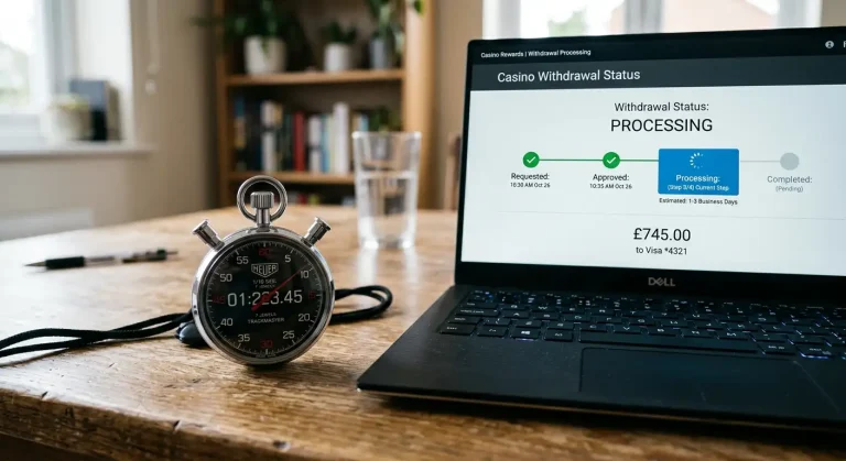 Stopwatch alongside casino withdrawal status screen showing processing timeline