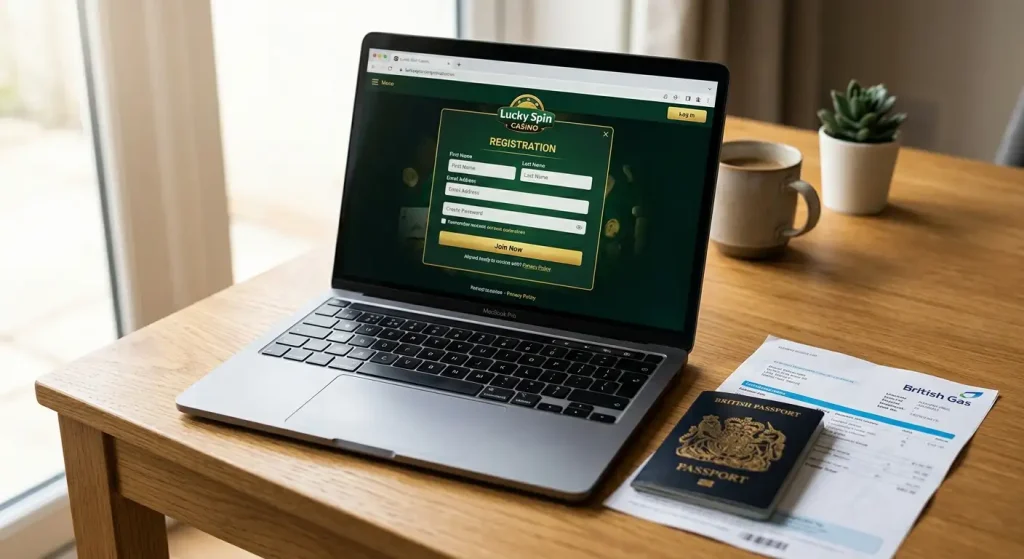 Prestige Casino registration page on laptop screen with verification documents nearby