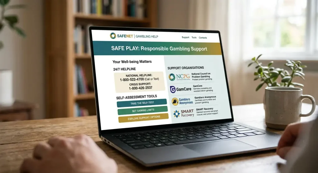 Responsible gambling support resources and self-help tools display