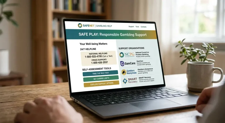 Responsible gambling support resources and self-help tools display