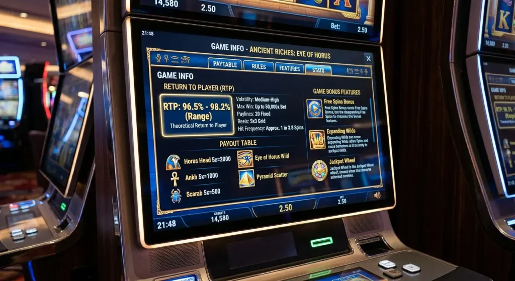 Return to player percentage display on slot game information screen