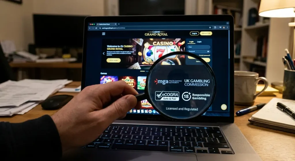 Investigative magnifying glass over casino platform examining safety indicators