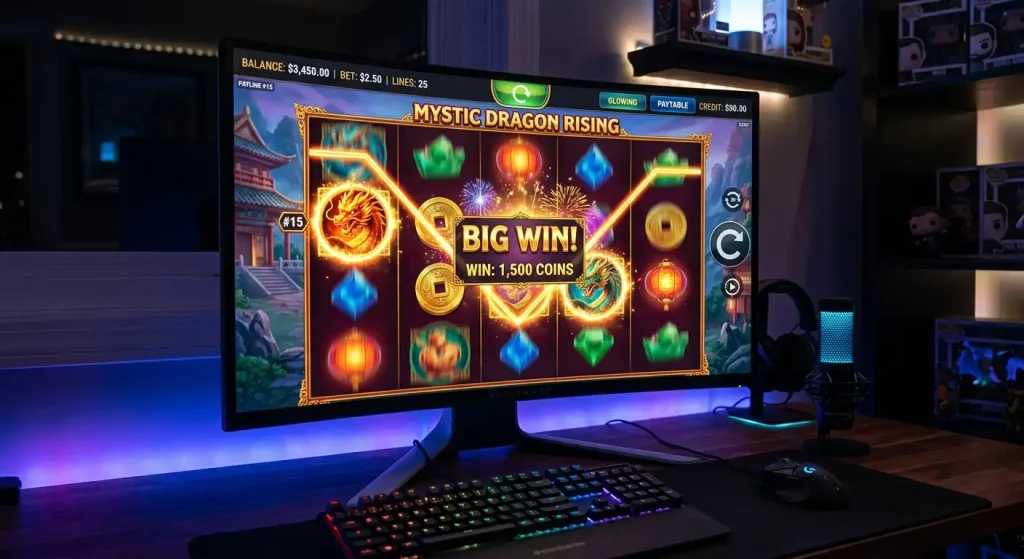 Vibrant slot machine display with spinning reels and winning payline highlighted