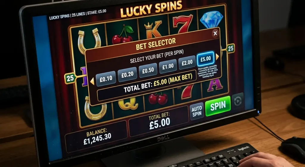 UK online slot stake limit display showing five pound maximum bet cap