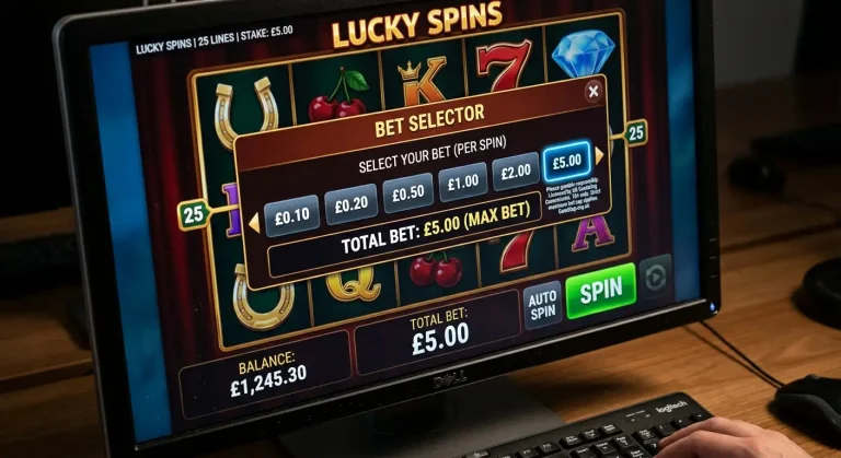 UK online slot stake limit display showing five pound maximum bet cap