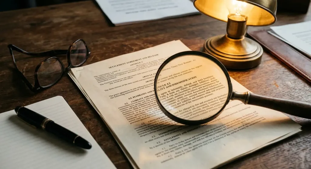 Legal document with magnifying glass highlighting important casino terms clauses