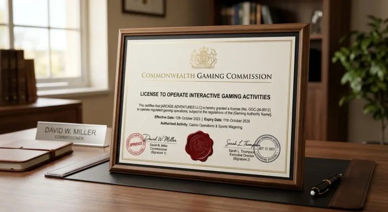 Official gaming licence document with regulatory authority seal and verification