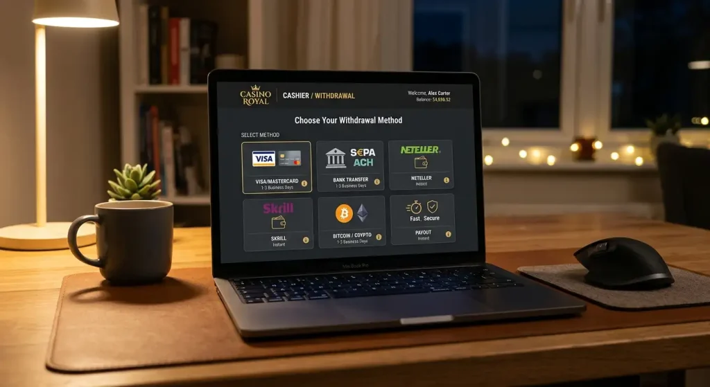 Casino cashier withdrawal screen with payment method selection options