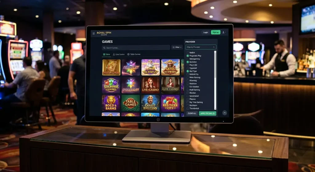 Casino game lobby with provider filter dropdown showing studio selection options