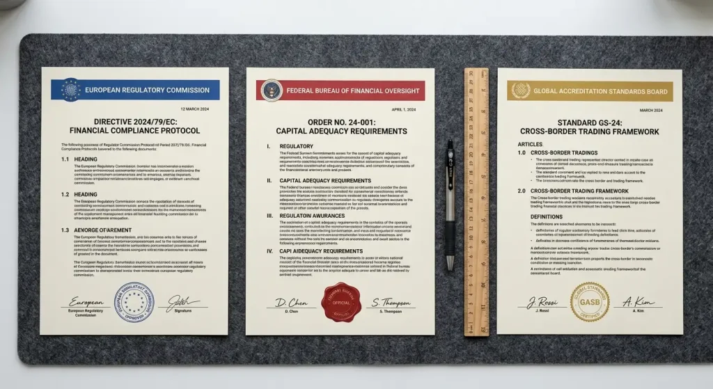 Three official regulatory documents from different jurisdictions laid side by side for comparison