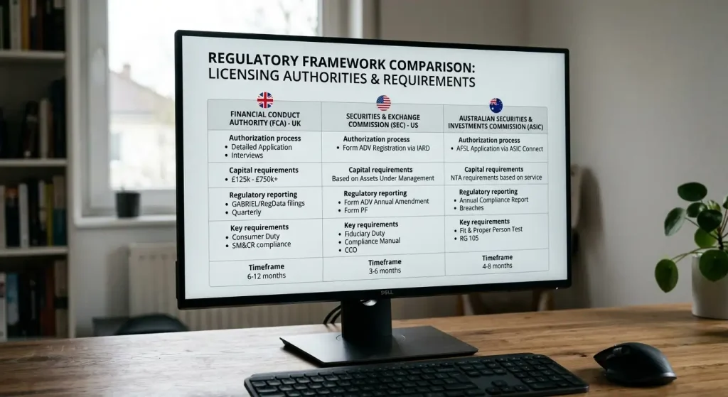 Screen comparing three licensing authorities and their regulatory requirements side by side