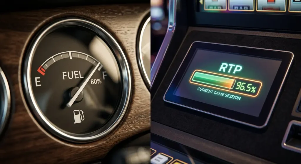 Car fuel efficiency gauge alongside casino RTP meter showing parallel concept
