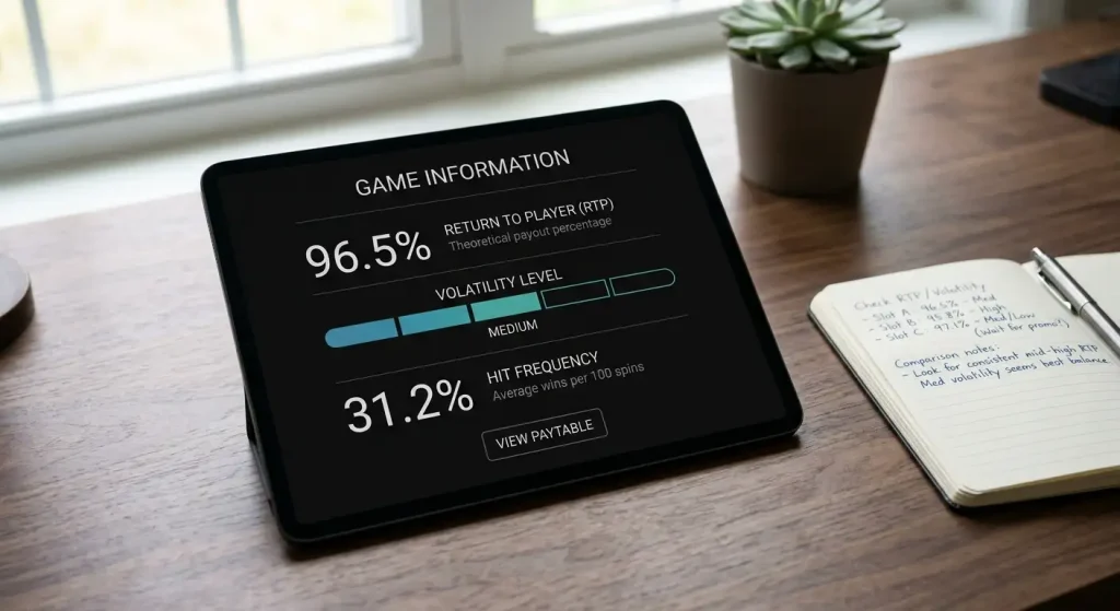 Tablet showing a game information panel with RTP percentage, volatility level and hit frequency