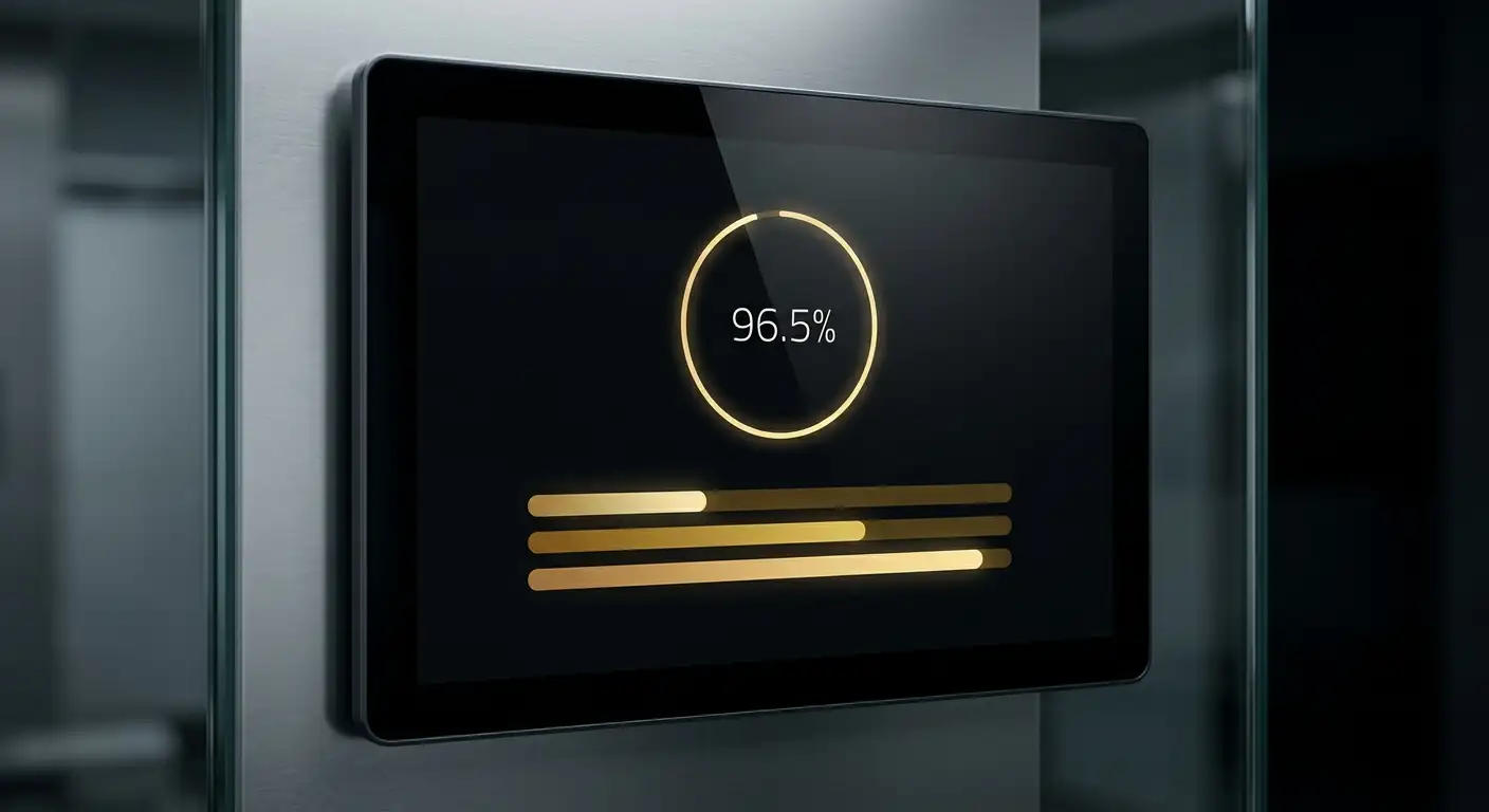 Digital dashboard gauge showing a 96.5% payout percentage beside comparison bars