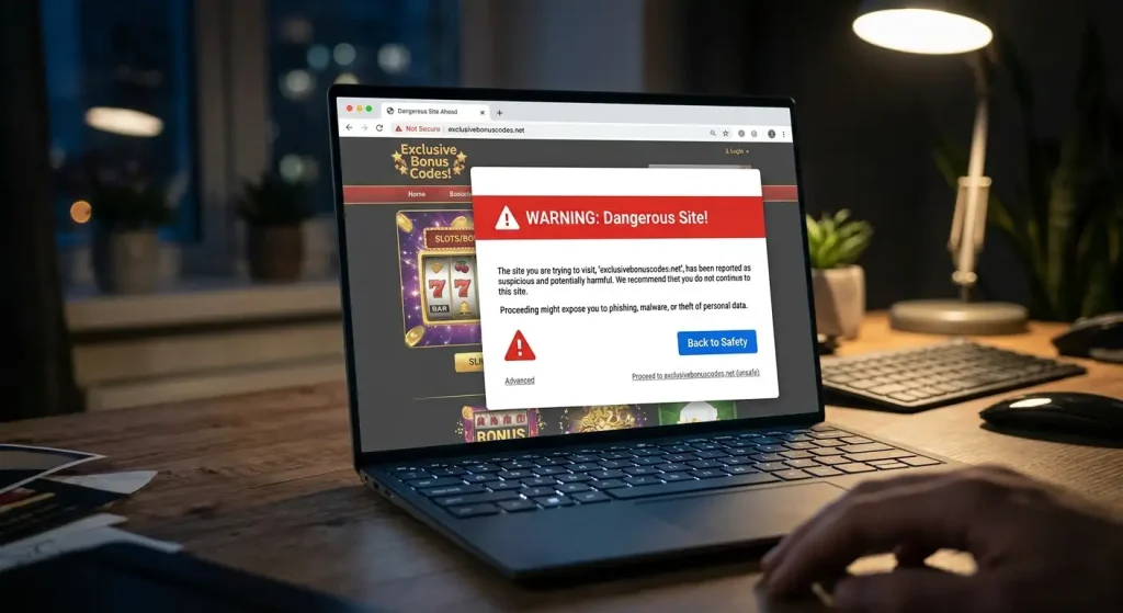 Browser security warning on a suspicious site claiming to offer exclusive bonus codes