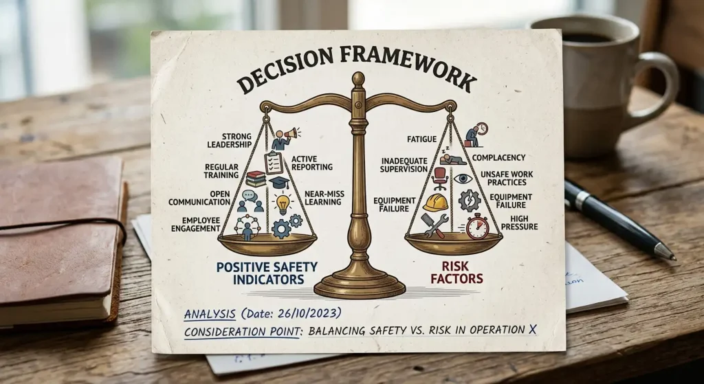 Balance scale weighing casino safety indicators against risk factors in a decision framework