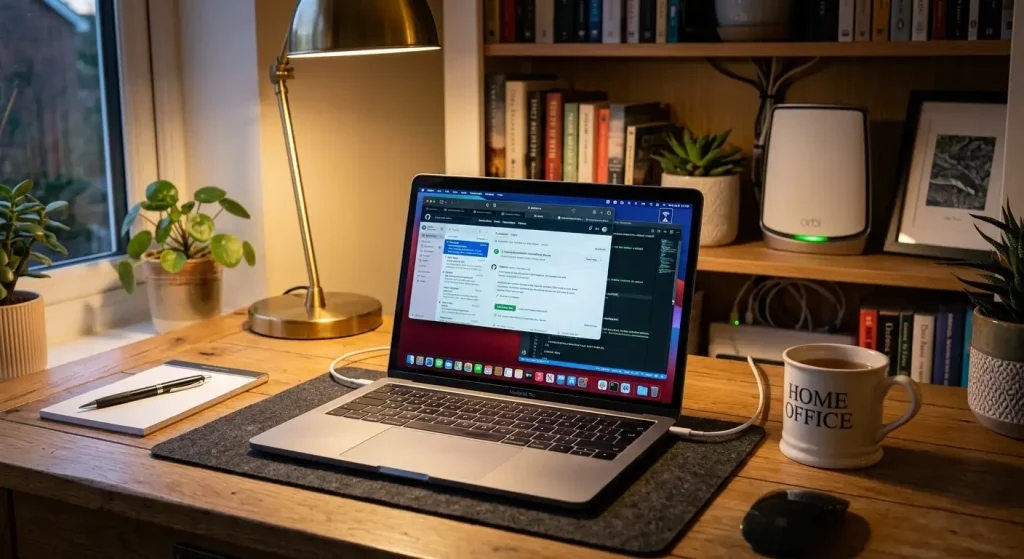 Laptop connected to secure home WiFi network for online casino access