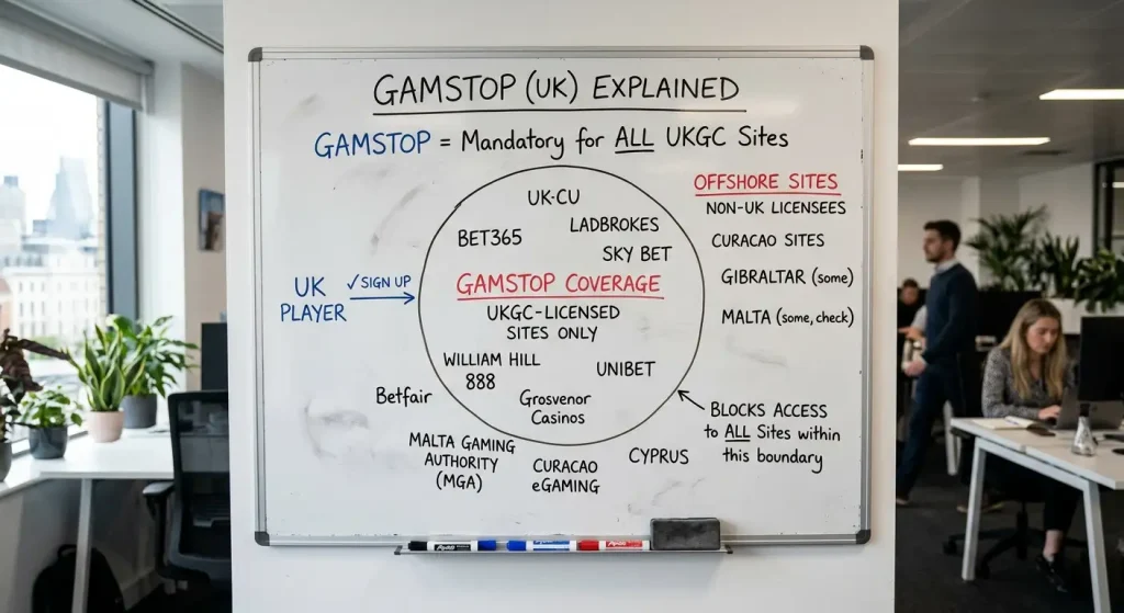 Diagram showing GamStop coverage scope limited to UKGC-licensed operators only