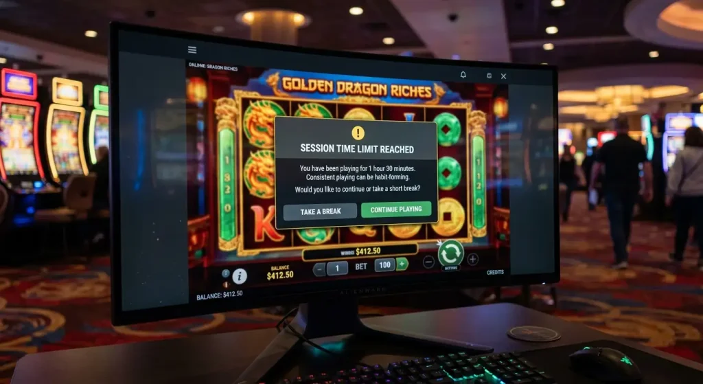 Casino session timer notification showing elapsed playing time and reality check prompt