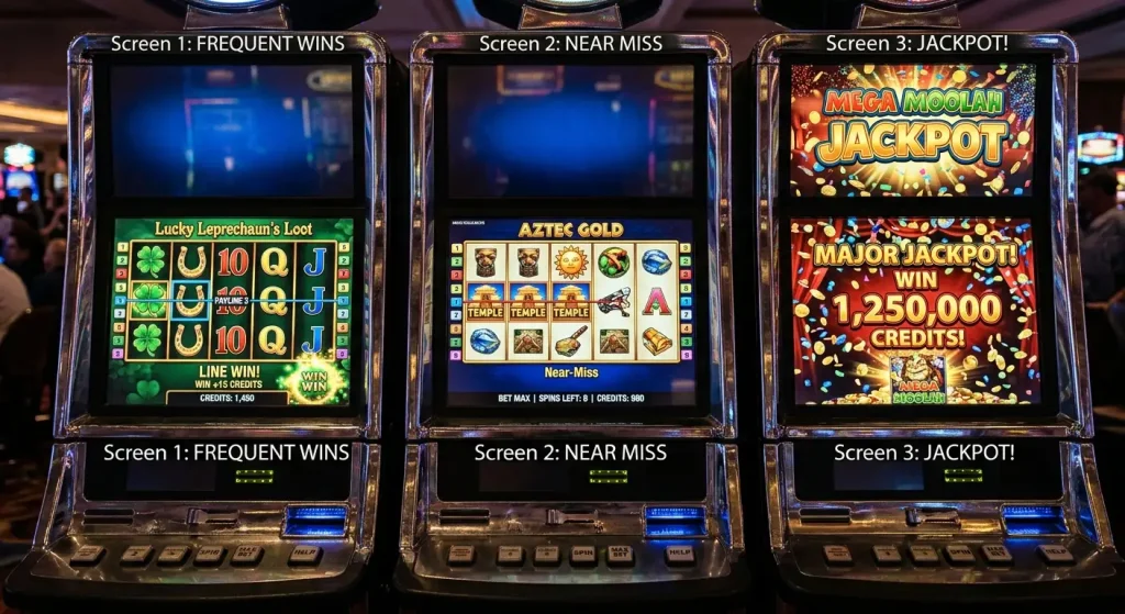 Three slot screens showing frequent small wins, a near-miss and a large jackpot celebration