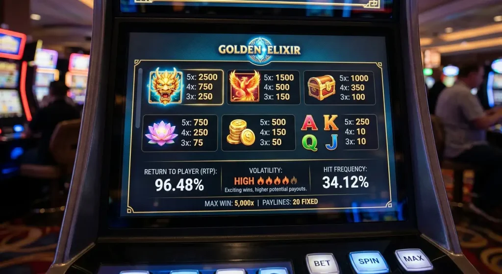 Slot game paytable screen displaying return to player percentage and symbol values