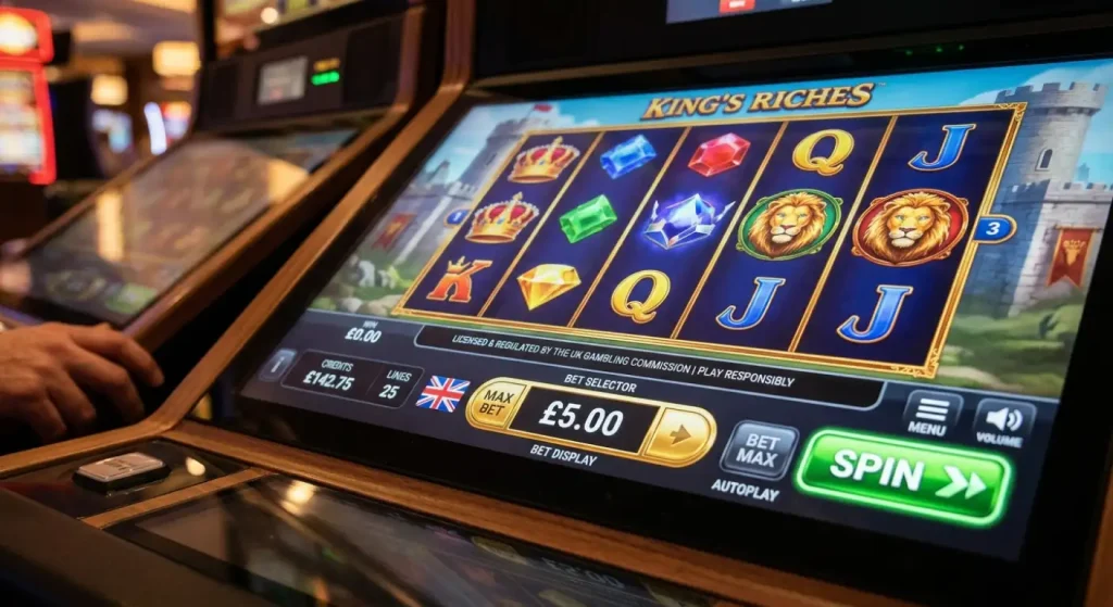Slot bet selector locked at the five pound maximum with a UK compliance indicator