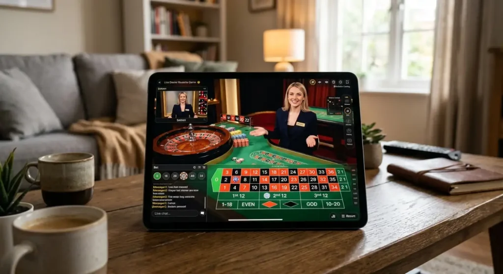 Tablet device showing live dealer casino table with betting interface