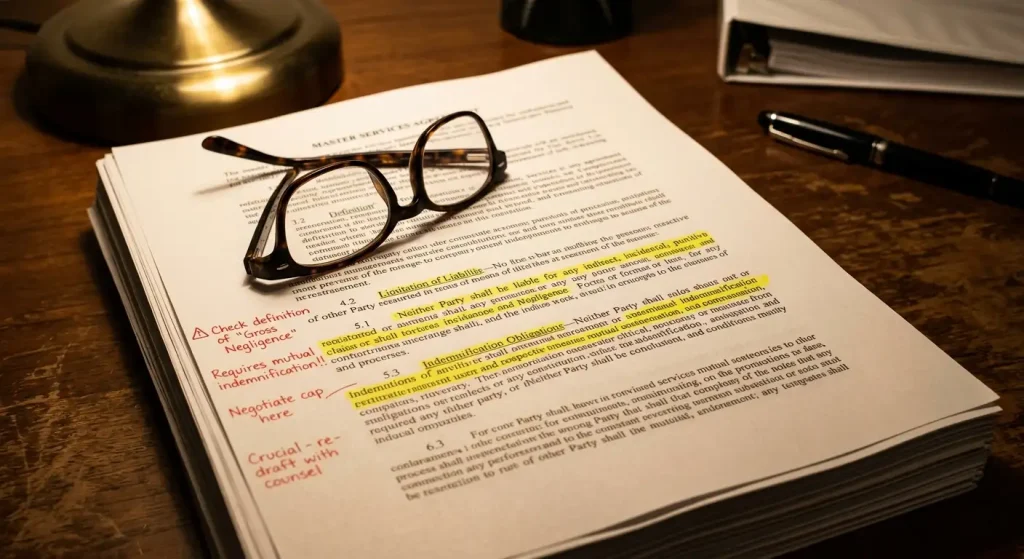 Dense legal document with highlighted lines and red handwritten margin notes flagging concerns