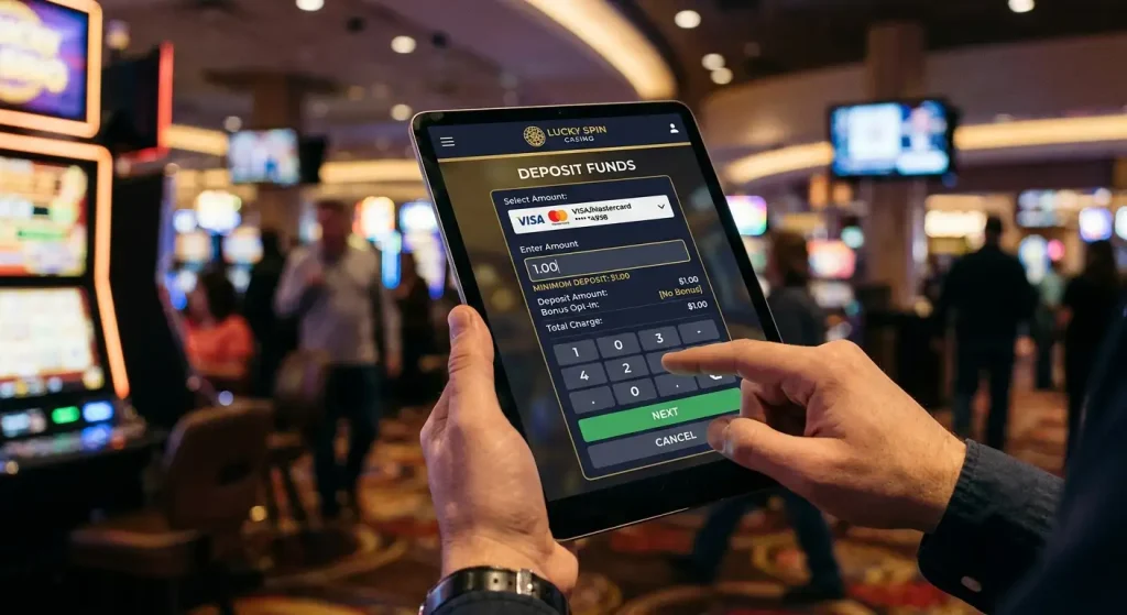 Casino cashier screen with a small test deposit amount entered before committing more