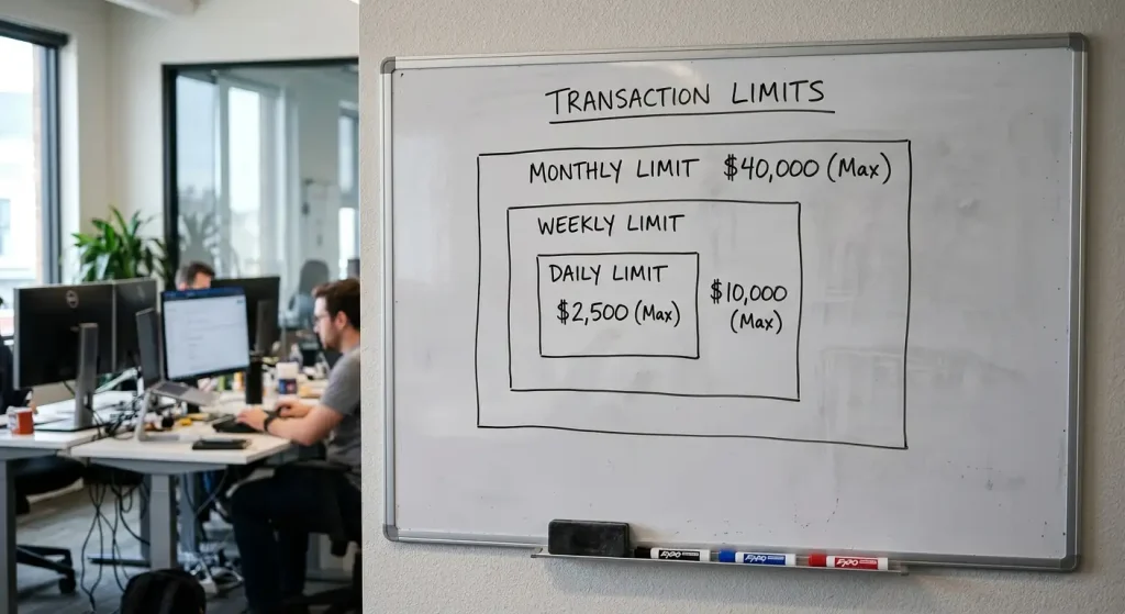 Whiteboard diagram showing nested daily, weekly and monthly withdrawal limit ceilings