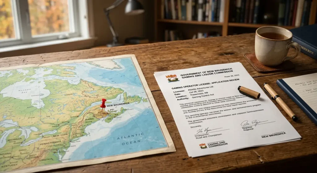 Desk map with a pin marking New Brunswick beside a gaming commission document
