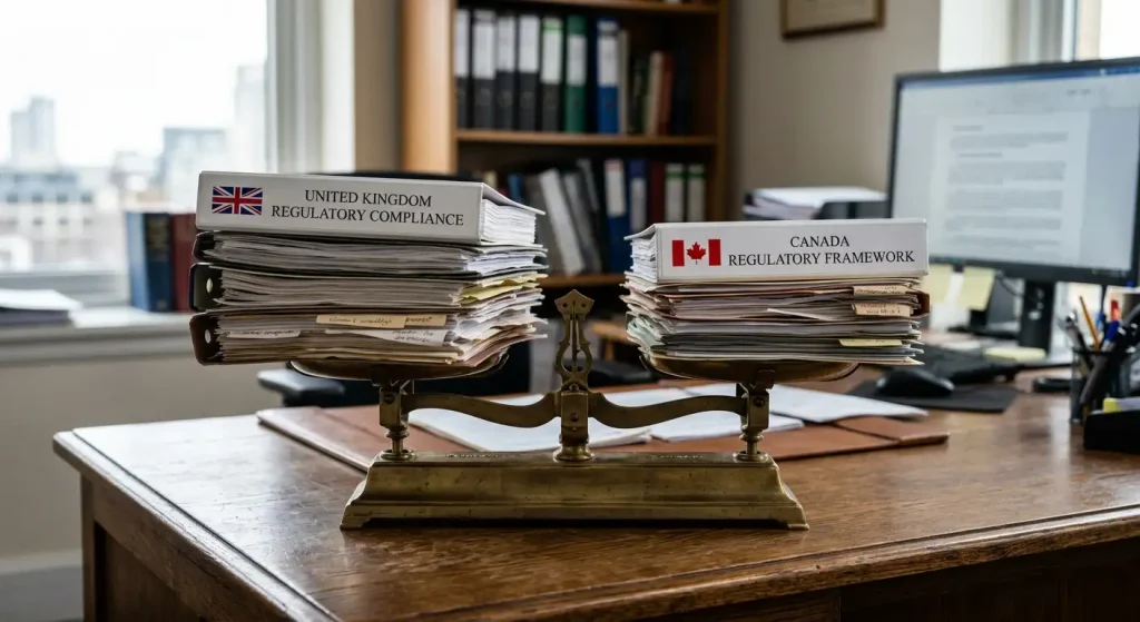 Balance scale weighing British and Canadian regulatory document stacks against each other